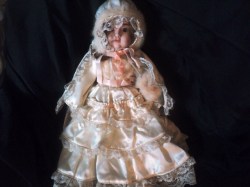 18'' MODERN PORCELAIN BRUNETTE DOLL, SATIN LACE MINK OUTFIT